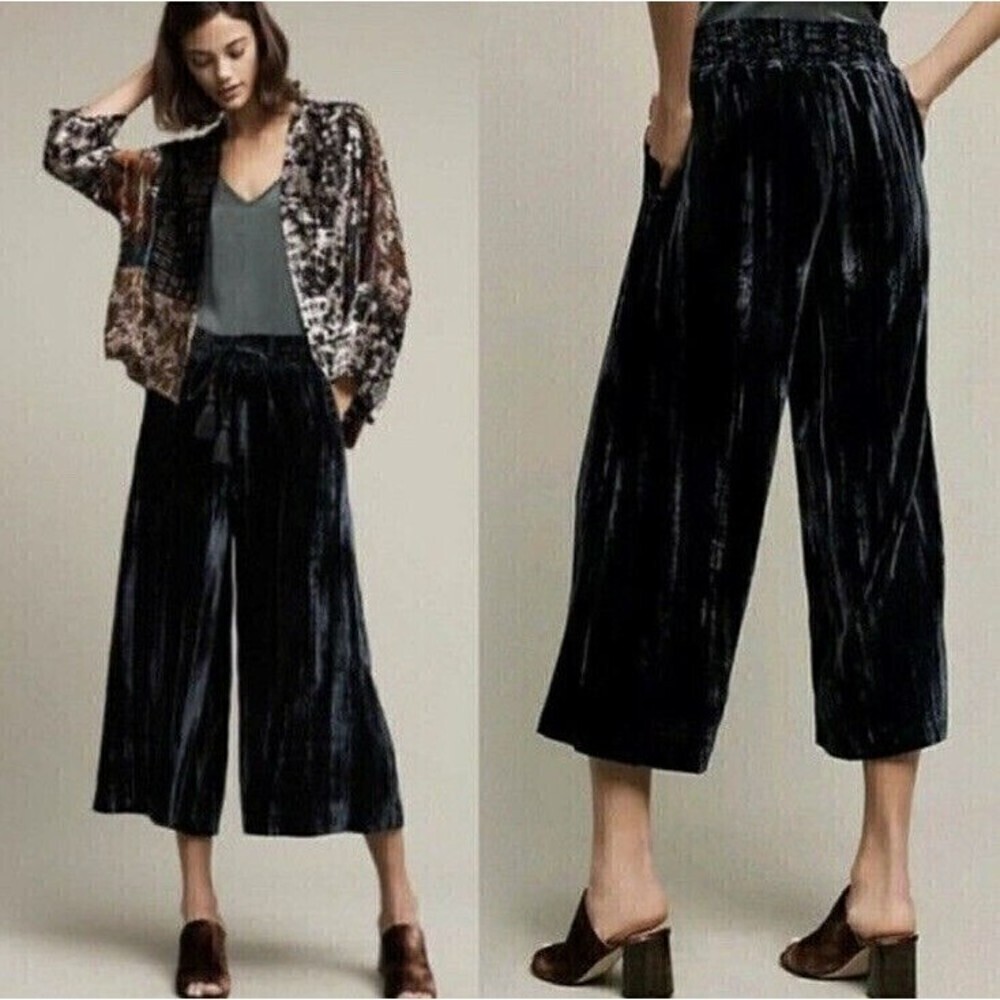 Hei‎ Hei Womens Navy Drawstring High Waist Velour Wide Leg Cropped Pants Small